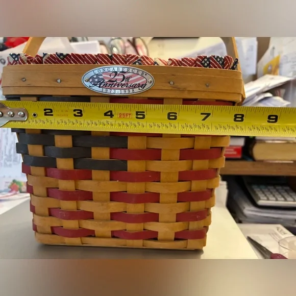 Longaberger 25th Anniversary Basket w/ Red & Blue Flag, Fabric & Plastic Liner - Picture 3 of 11